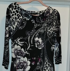 White House Black Market Black Purple Floral Stretch Dress 3/4 Sleeve Size Small